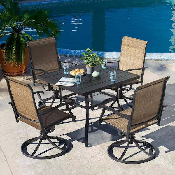 Juego de comedor para patio al aire libre con eslinga de acero de 5 piezas con mesa cuadrada y sillas de comedor giratorias en color marrón