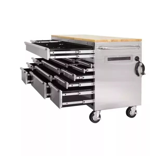 72 IN. 18-DRAWER 24 IN. D MOBILE WORKBENCH WITH SOLID WOOD TOP STAINLESS STEEL
