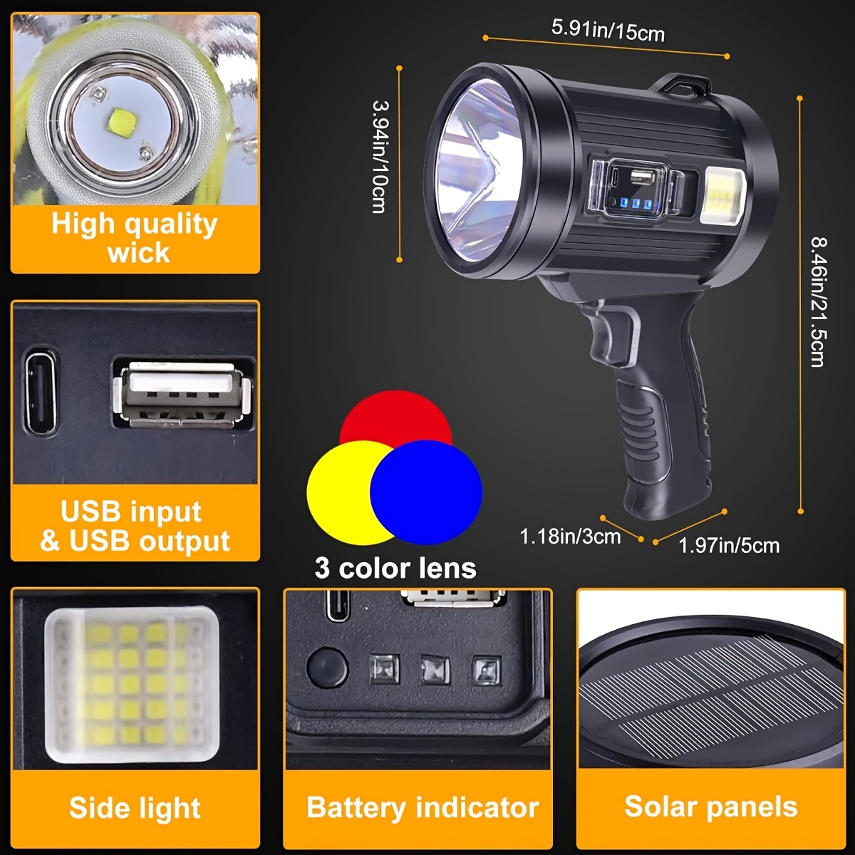 1pc Rechargeable Spotlight Flashlight, Ultra Bright High Lumen Spotlight With Stand With 3 Main Modes And 4 Color Filters, Led Spotlight Outdoor Handheld, USB Cable Included, Suitable For Boating, Hunting, Camping
