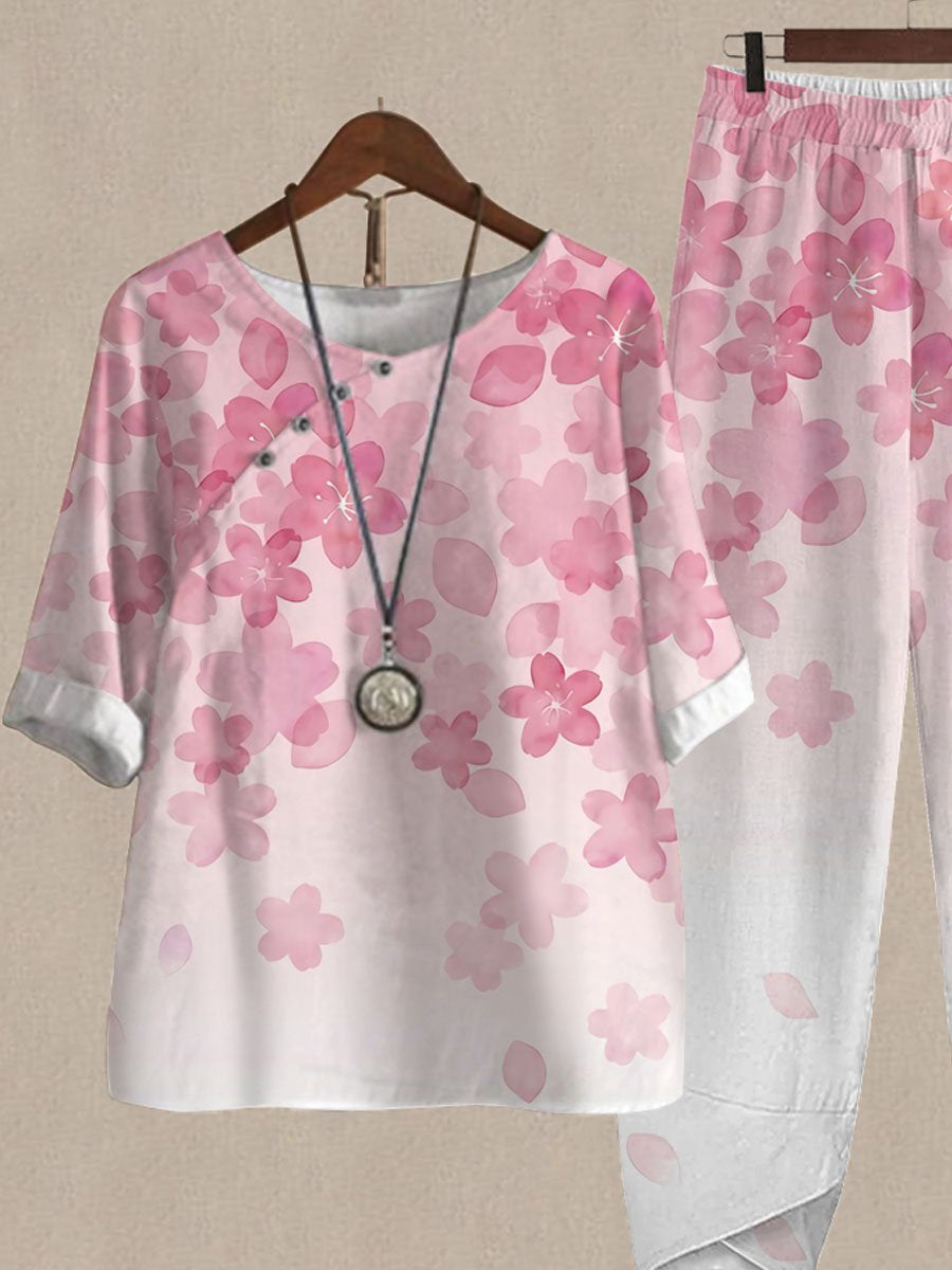 Pink Cherry Blossom Print Top And Pants Two-piece Suits
