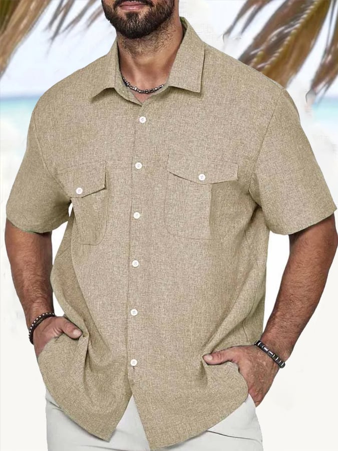 Men's Hawaiian Double Pocket Linen Casual Short Sleeve Shirt