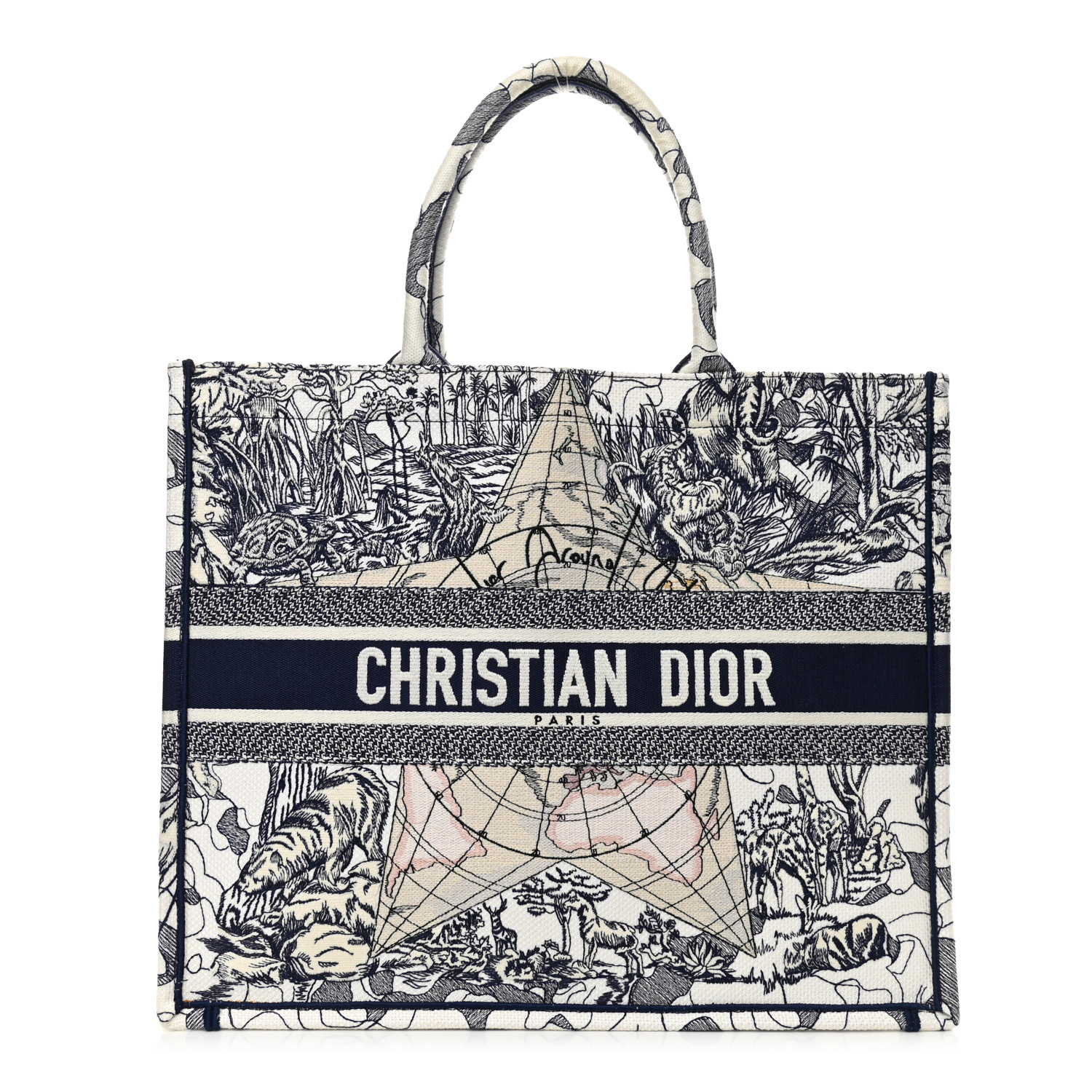 CHRISTIAN DIOR Canvas Embroidered Large Around The World Book Tote Blue