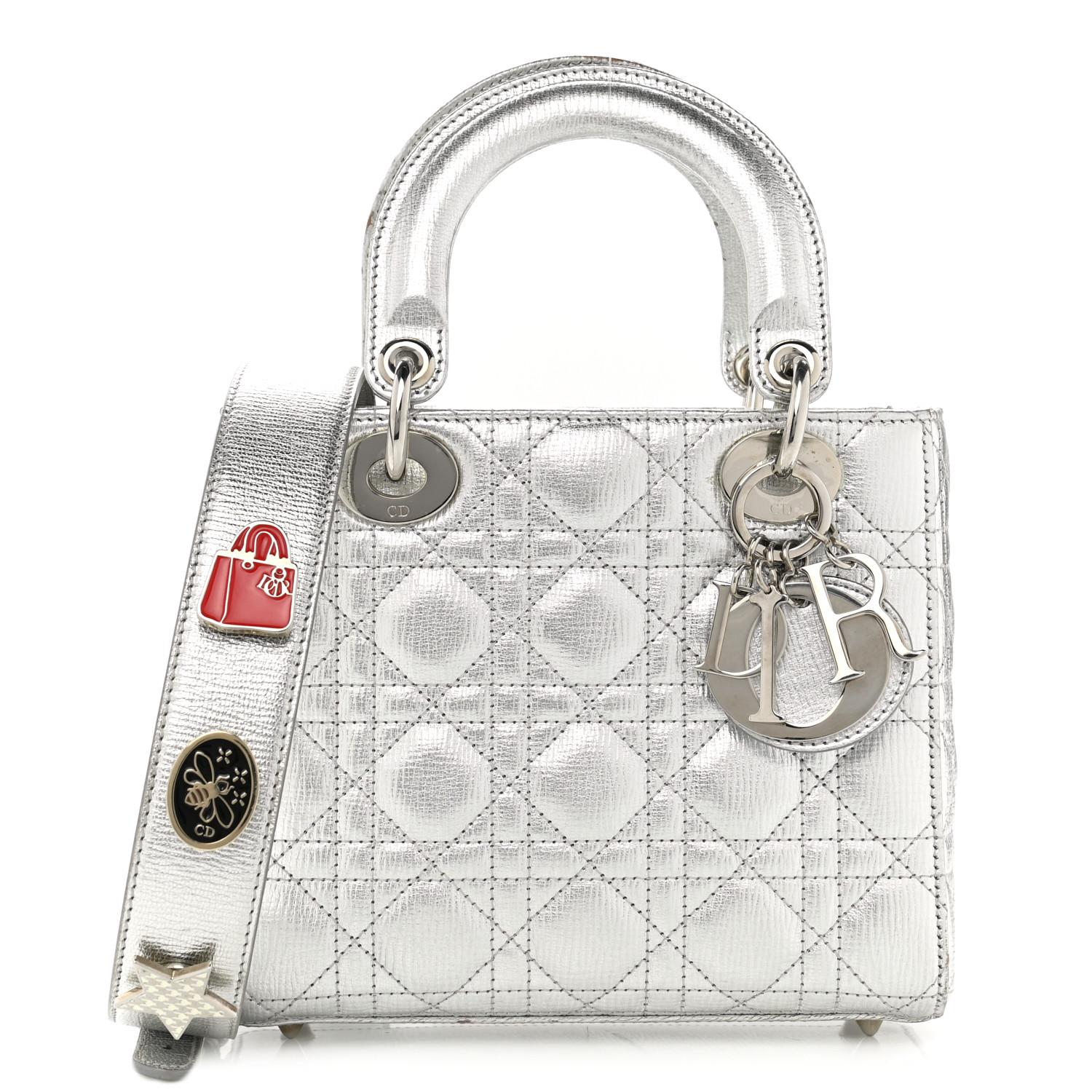 CHRISTIAN DIOR Metallic Grained Calfskin Cannage Small My Lady Dior Silver
