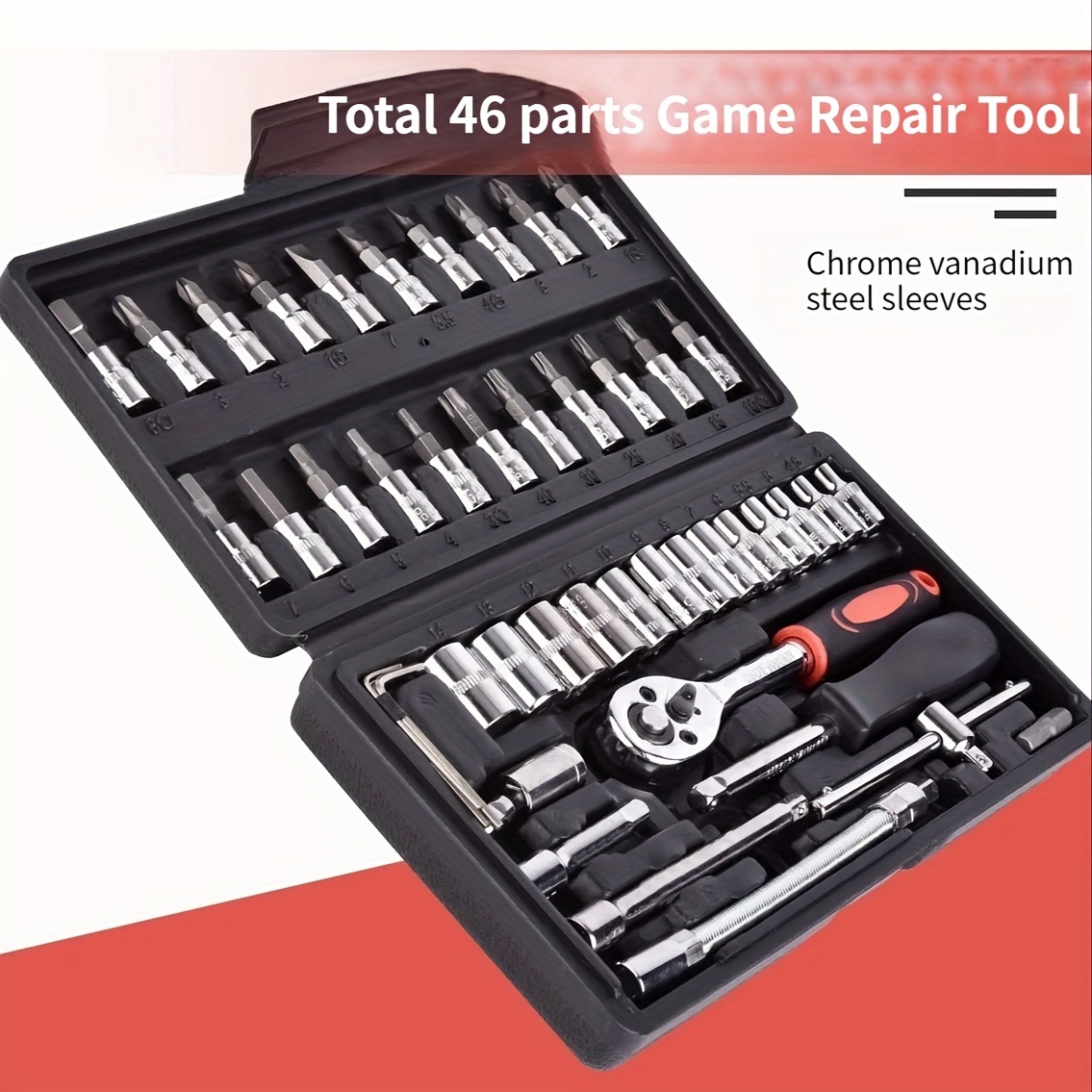 46-Piece 1/4-Inch Drive Socket Wrench Set with Metric Sockets and Extension Bars for Automotive and Home Repairs, Includes Multiple Components, Modern Style with Durable Plastic Case - Chrome Vanadium Steel Sleeves