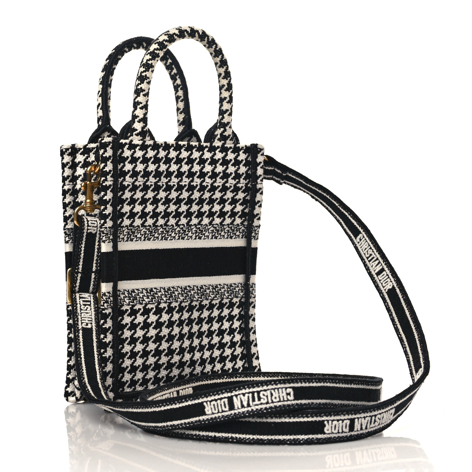 CHRISTIAN DIOR Canvas Houndstooth Embroidered Mini Book Tote Phone Bag Black White