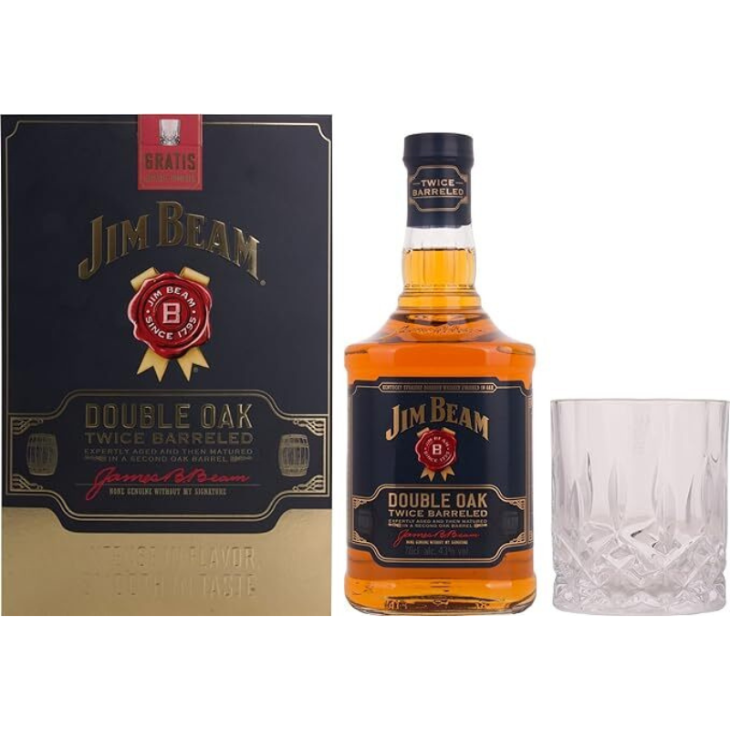 Jim Beam Double Oak Bourbon Whiskey with Crystal Glass 70 cl