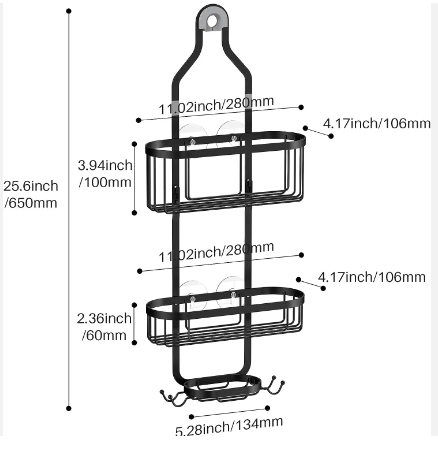 Black Shower Caddy Storage Rack Basket Stainless Steel Rustproof Shower Caddy With Hooks For Razor And Sponge