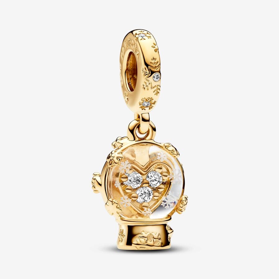 Gold Plated Heart Snowflake Snow Globe Dangle Pandora Charm