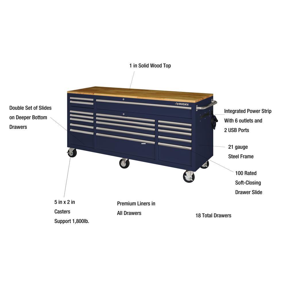 72 in. 18-Drawer Mobile Workbench with Solid Wood Top in Gloss Blue