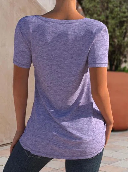 V Neck Cut-out Basic Plain Casual Short Sleeve T-Shirt/Tee