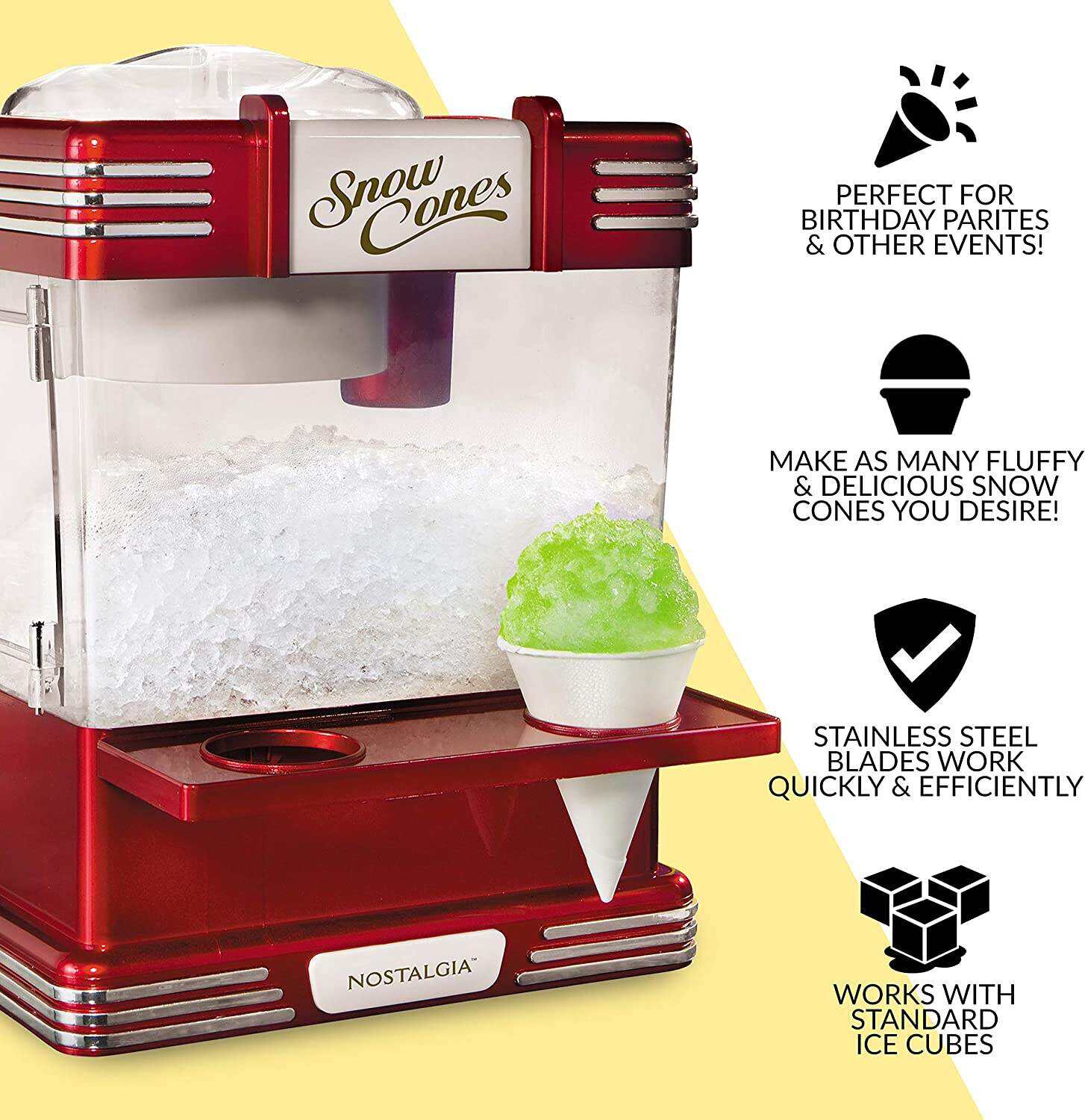 Máquina retro de conos de nieve para mesa. hace 20 golosinas heladas. máquina de hielo afeitado incluye 2 tazas de plástico reutilizables y cuchara de hielo. rojo retro