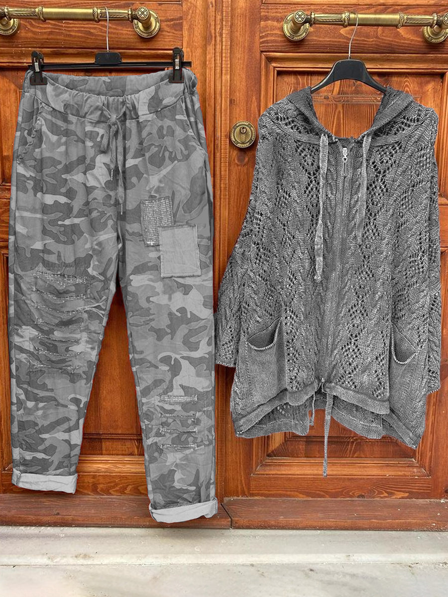 Zipper Hooded Coat And Camouflage Pants Set