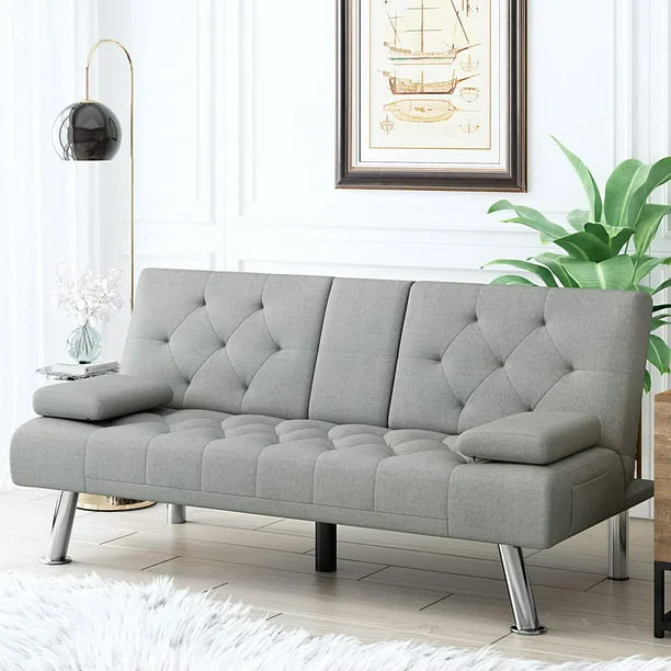 Homfa Sofá cama convertible tipo futón, sofá cama plegable de 66,3 pulgadas con reposabrazos extraíbles y 2 portavasos para sala de estar, acabado gris
