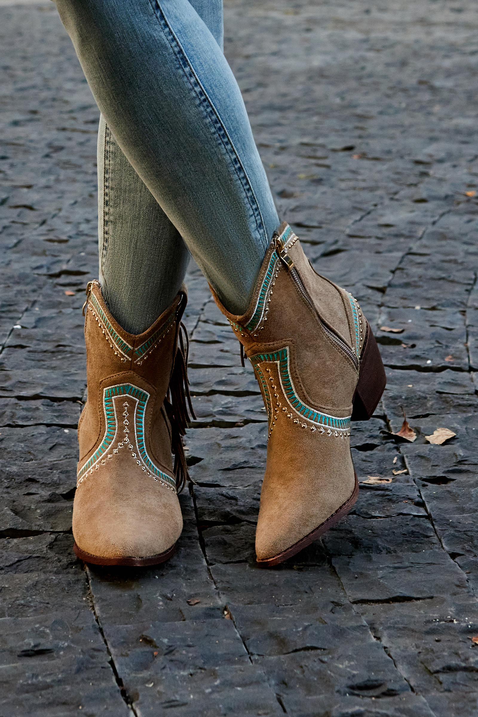 Contrast Binding Tassels Zipper Chunky Heels Western Boots