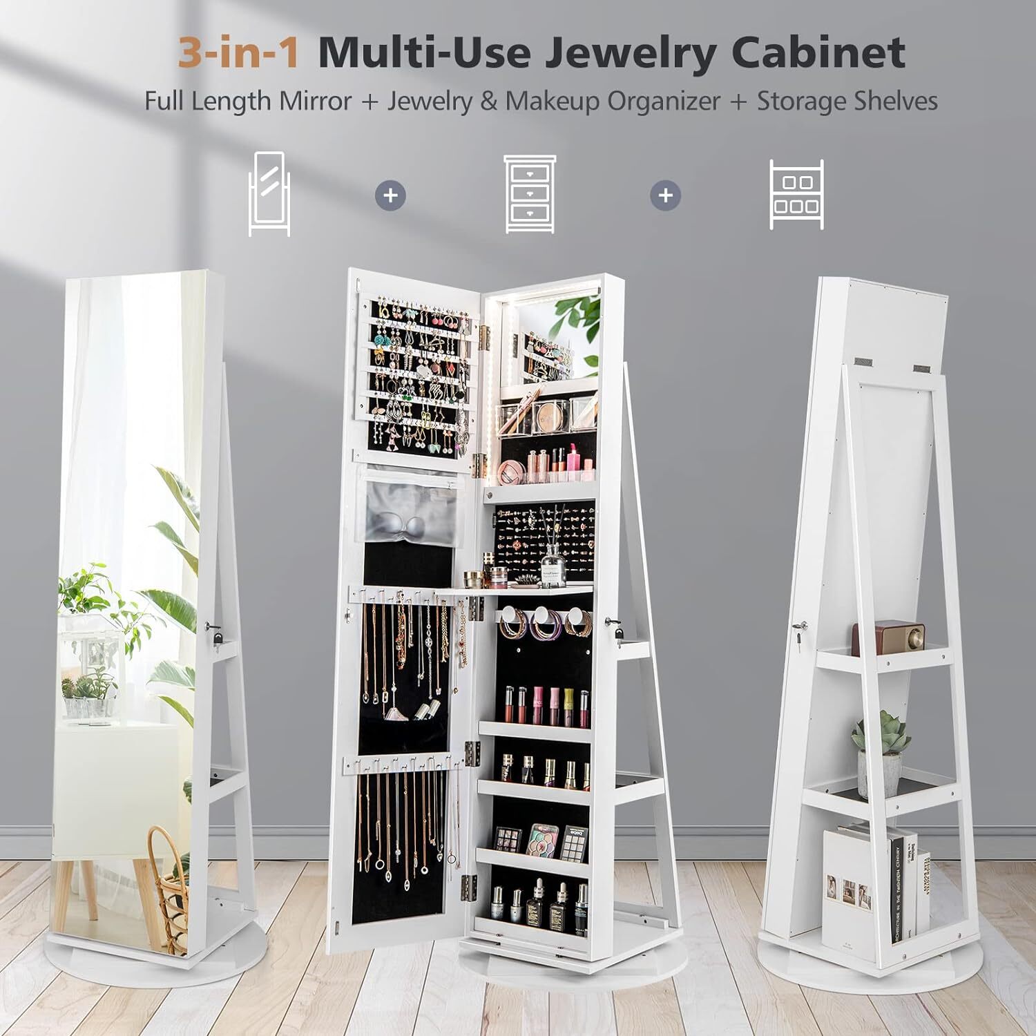 Jewelry Armoire with Full Length Mirror 360° Swivel, 3-Color LED lights, Rear Storage Shelves, Lockable Standing Jewelry Cabinet Organizer with Large Storage Capacity