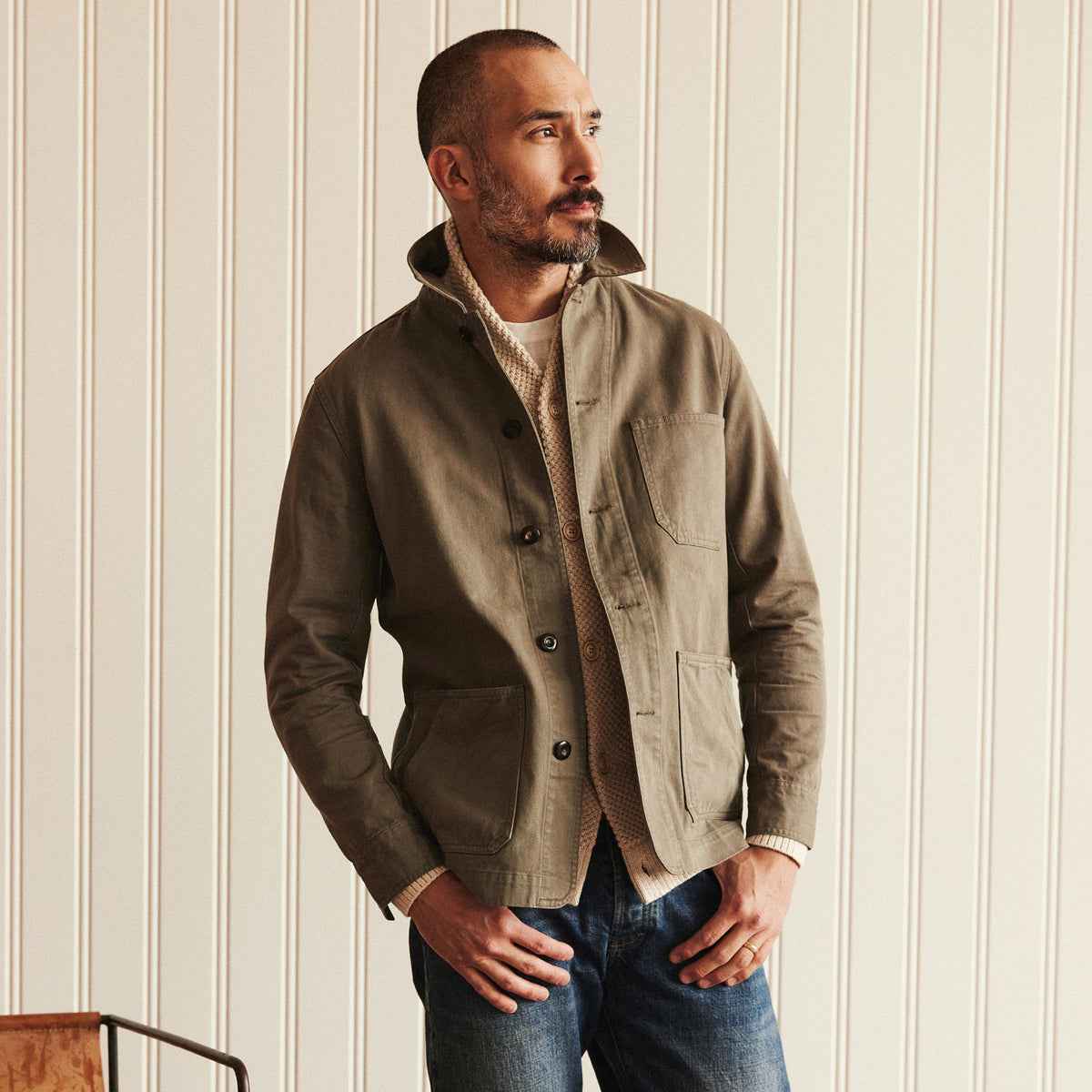 The Jacket in Organic Smoked Olive Foundation Twill