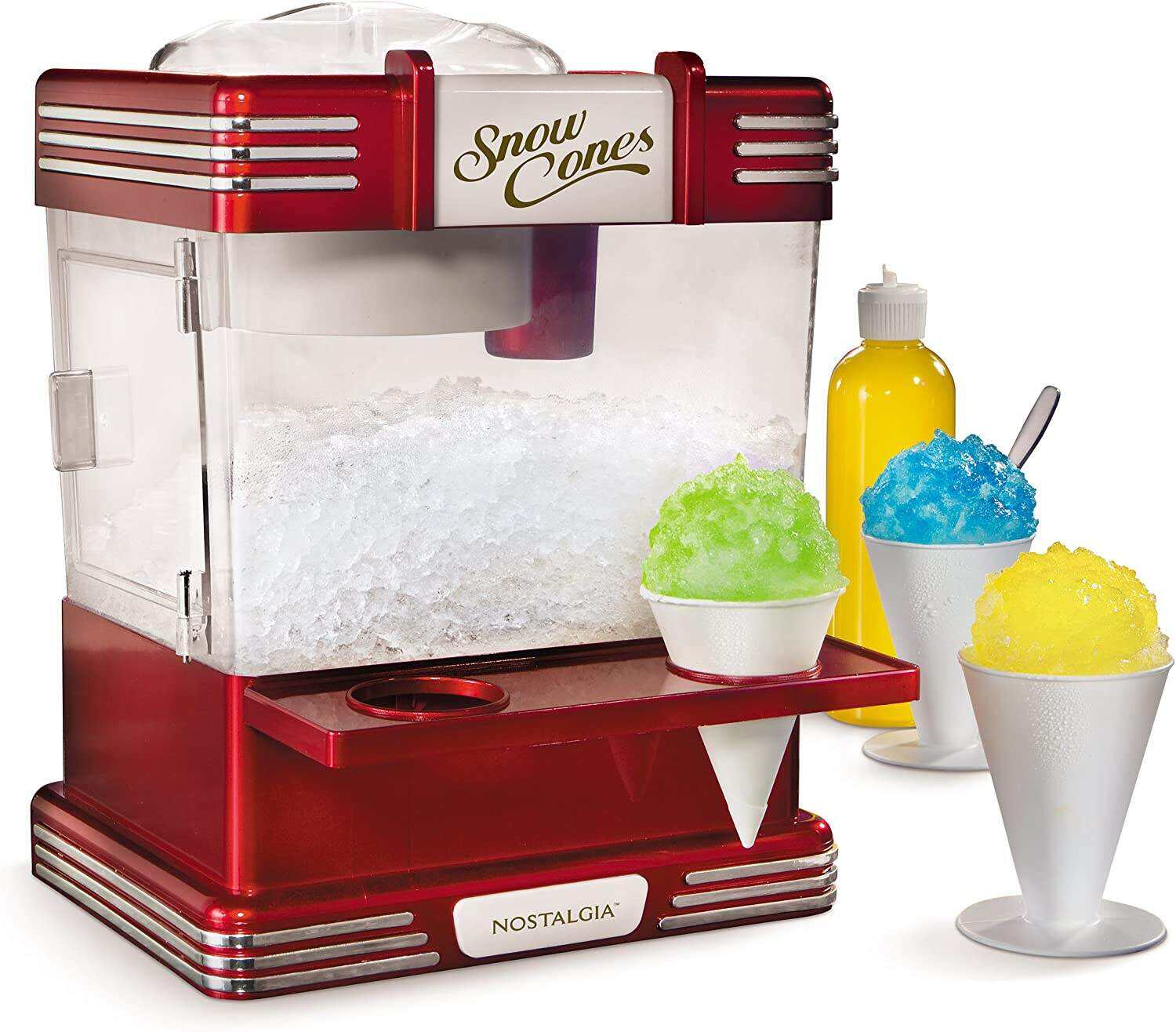 Máquina retro de conos de nieve para mesa. hace 20 golosinas heladas. máquina de hielo afeitado incluye 2 tazas de plástico reutilizables y cuchara de hielo. rojo retro