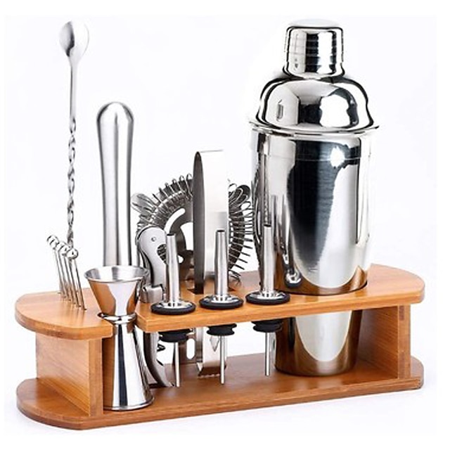 Insulated Cocktail Shaker Bartender Kit Cocktail Shaker Mixer Stainless Steel 350ml Bar Tool Set with Stylish Bamboo Stand Perfect Home Bartending Kit and Martini Cocktail Shaker Set